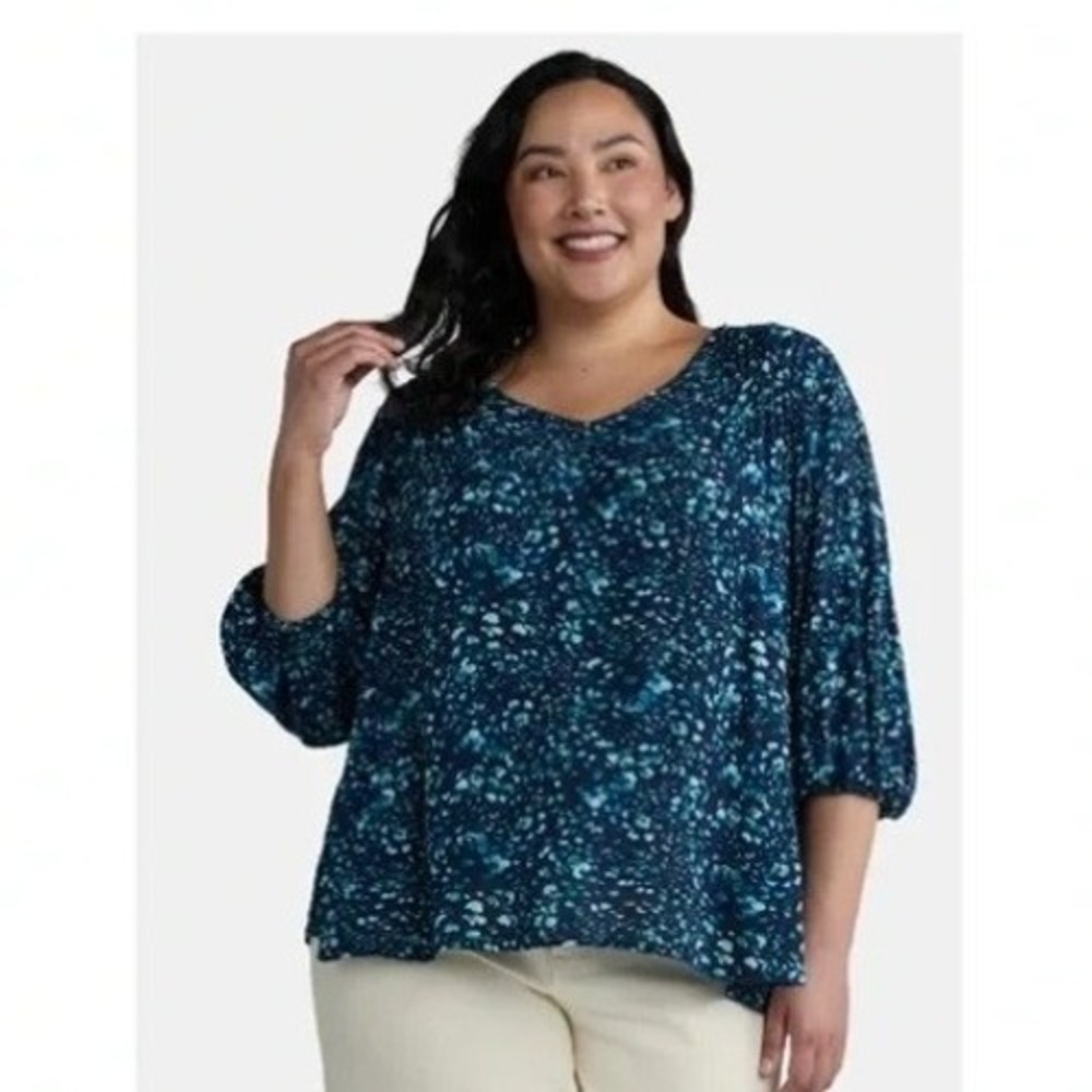 Terra & Sky Womens V-Neck Blouse Navy Blue Teal Abstract Print 3/4 Sleeve 2X